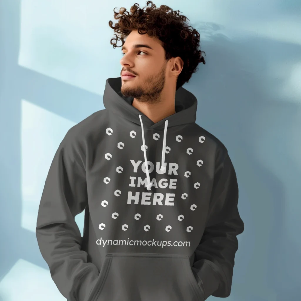 Man Wearing Dark Gray Hoodie Mockup Front View Template