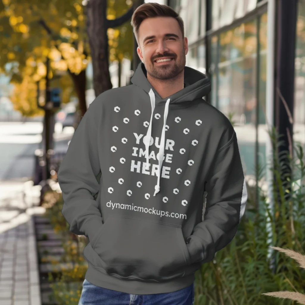 Man Wearing Dark Gray Hoodie Mockup Front View Template