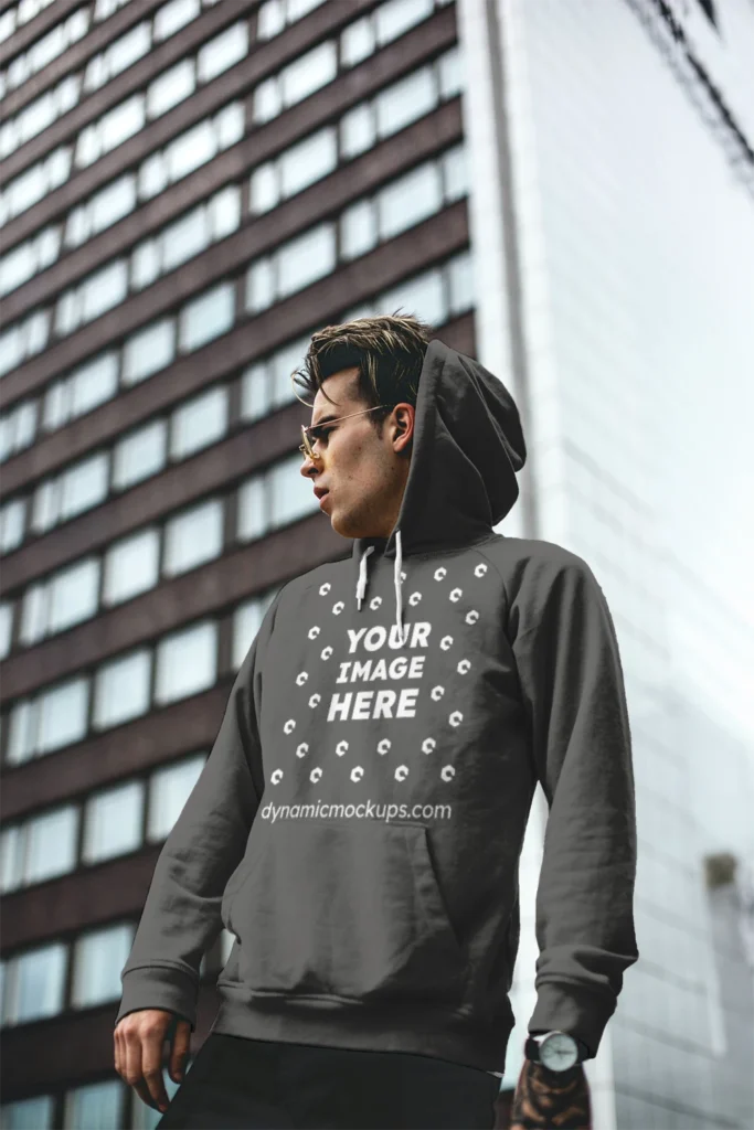 Man Wearing Dark Gray Hoodie Mockup Front View Template