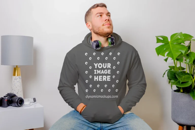 Man Wearing Dark Gray Hoodie Mockup Front View Template