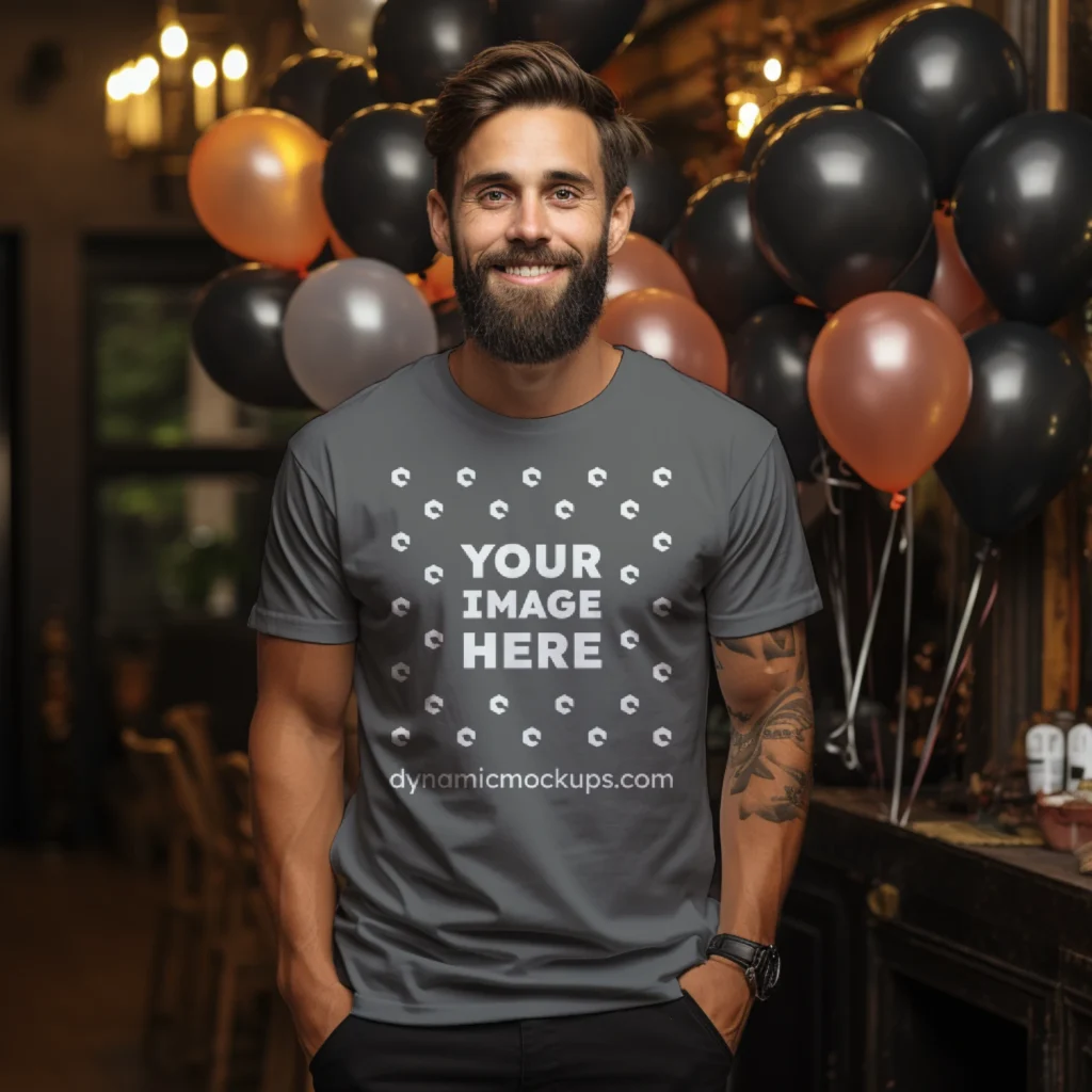 Man Wearing Dark Gray T-shirt Mockup Front View Template