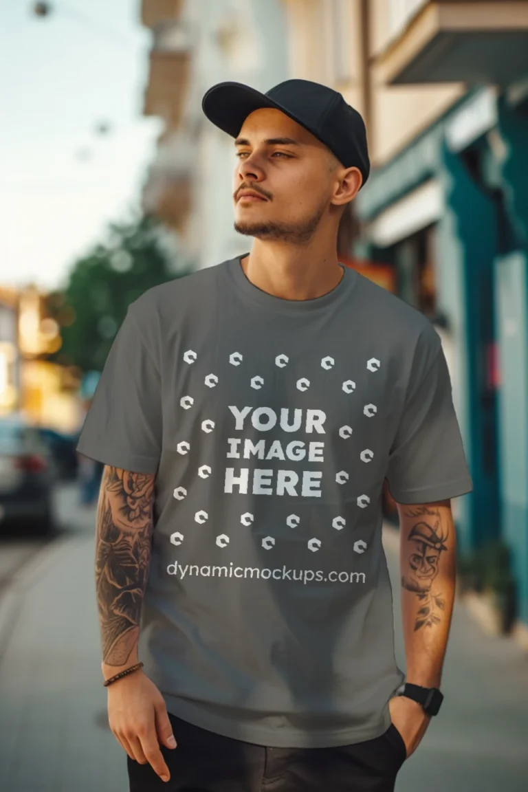 Man Wearing Dark Gray T-shirt Mockup Front View Template