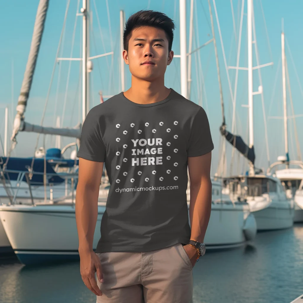 Man Wearing Dark Gray T-shirt Mockup Front View Template