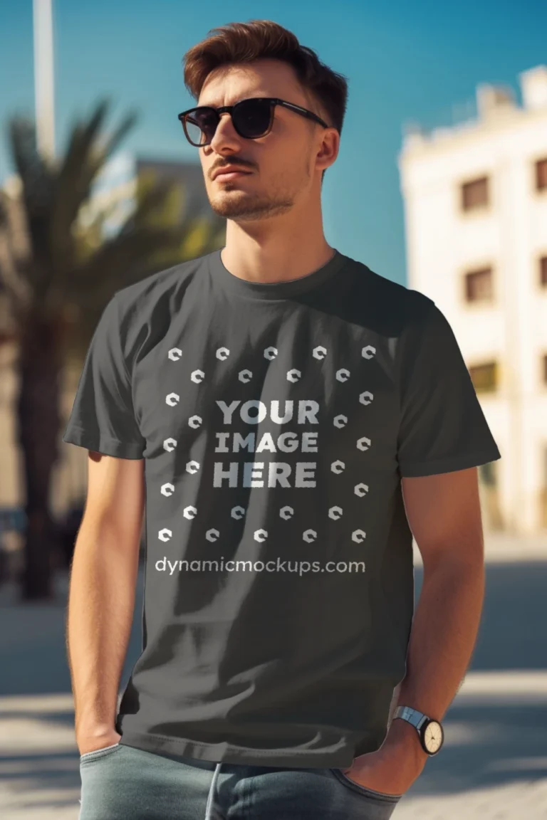 Man Wearing Dark Gray T-shirt Mockup Front View Template