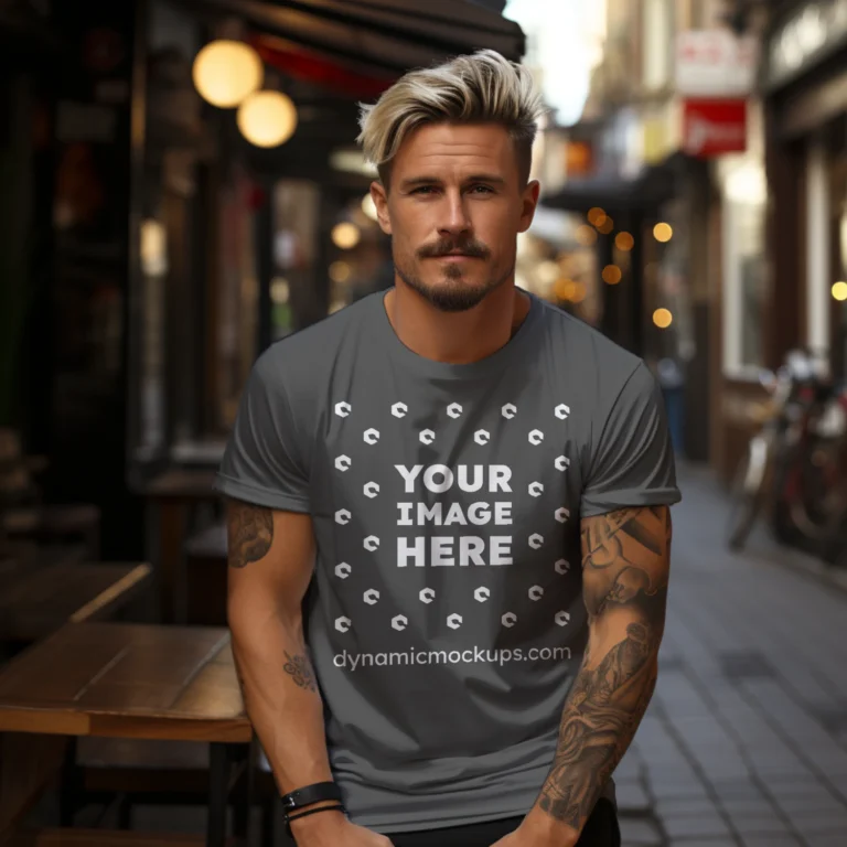 Man Wearing Dark Gray T-shirt Mockup Front View Template