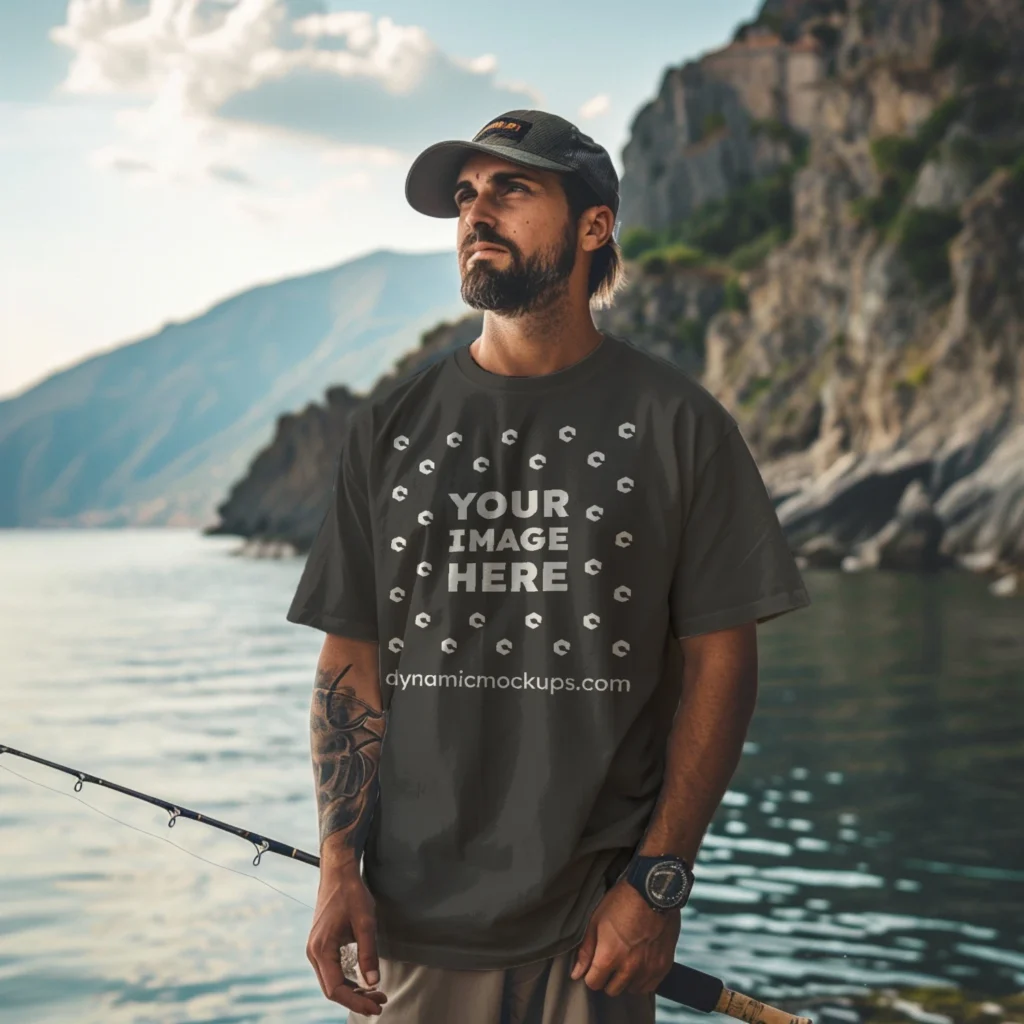 Man Wearing Dark Gray T-shirt Mockup Front View Template