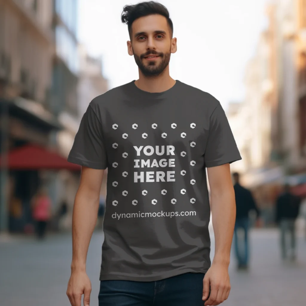 Man Wearing Dark Gray T-shirt Mockup Front View Template