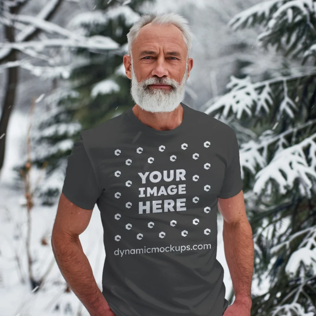 Man Wearing Dark Gray T-shirt Mockup Front View Template