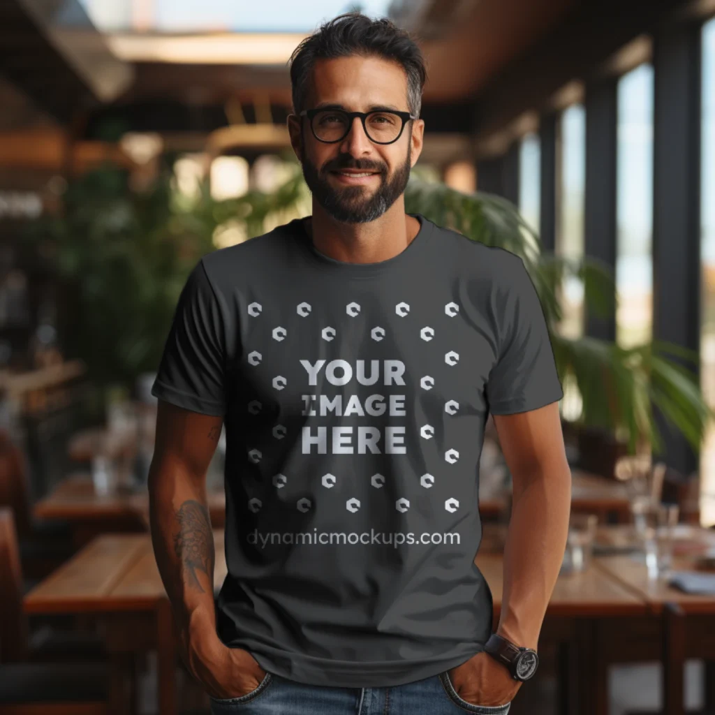 Man Wearing Dark Gray T-shirt Mockup Front View Template