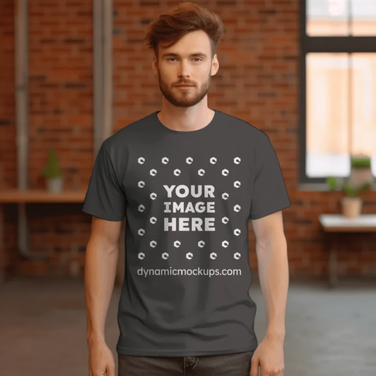 Man Wearing Dark Gray T-shirt Mockup Front View Template