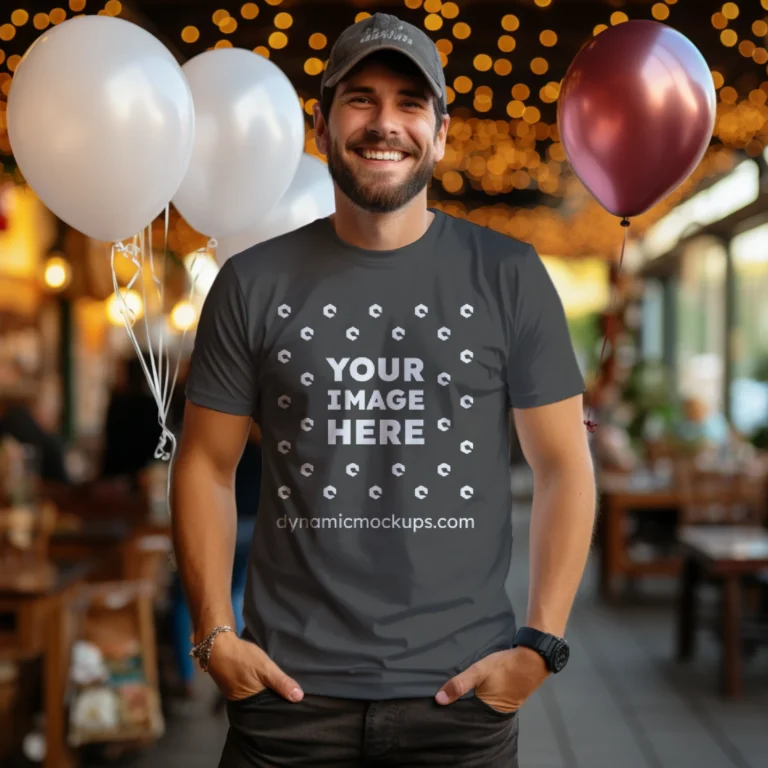 Man Wearing Dark Gray T-shirt Mockup Front View Template