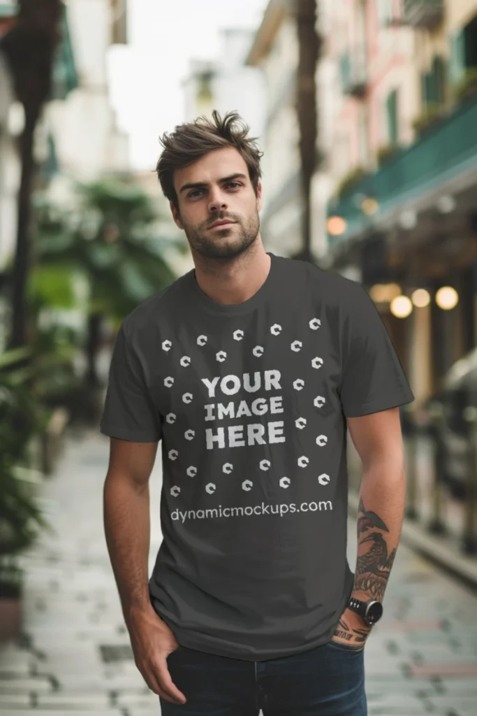 Man Wearing Dark Gray T-shirt Mockup Front View Template