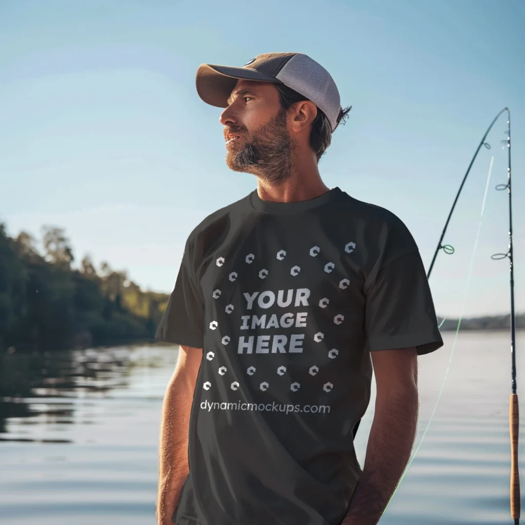 Man Wearing Dark Gray T-shirt Mockup Front View Template