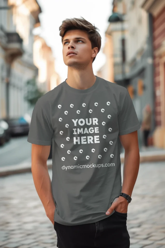 Man Wearing Dark Gray T-shirt Mockup Front View Template