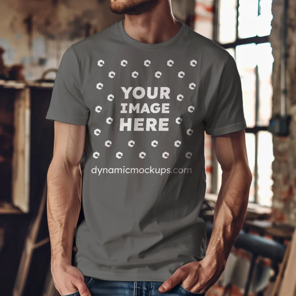 Man Wearing Dark Gray T-shirt Mockup Front View Template