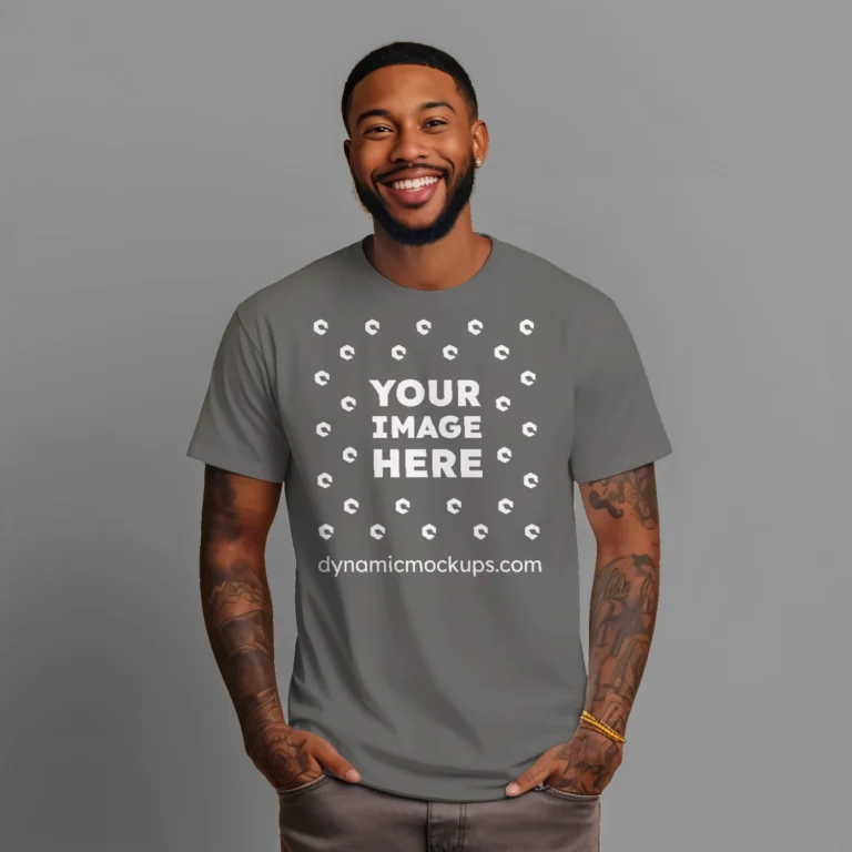 Man Wearing Dark Gray T-shirt Mockup Front View Template