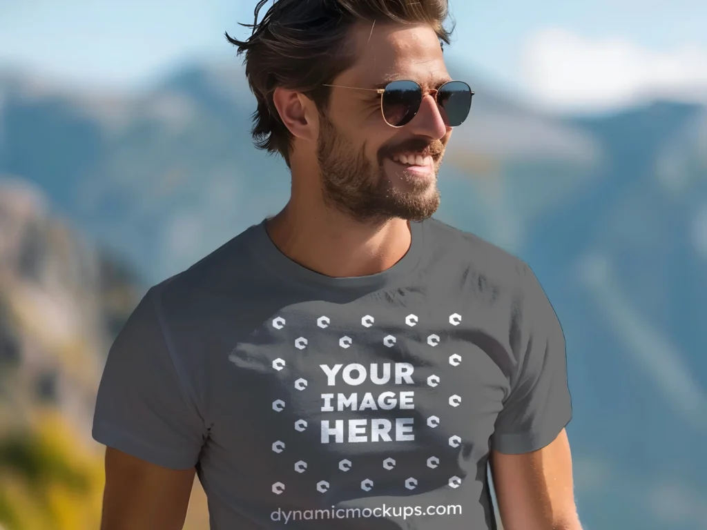 Man Wearing Dark Gray T-shirt Mockup Front View Template