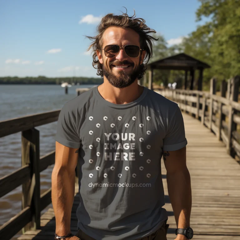 Man Wearing Dark Gray T-shirt Mockup Front View Template