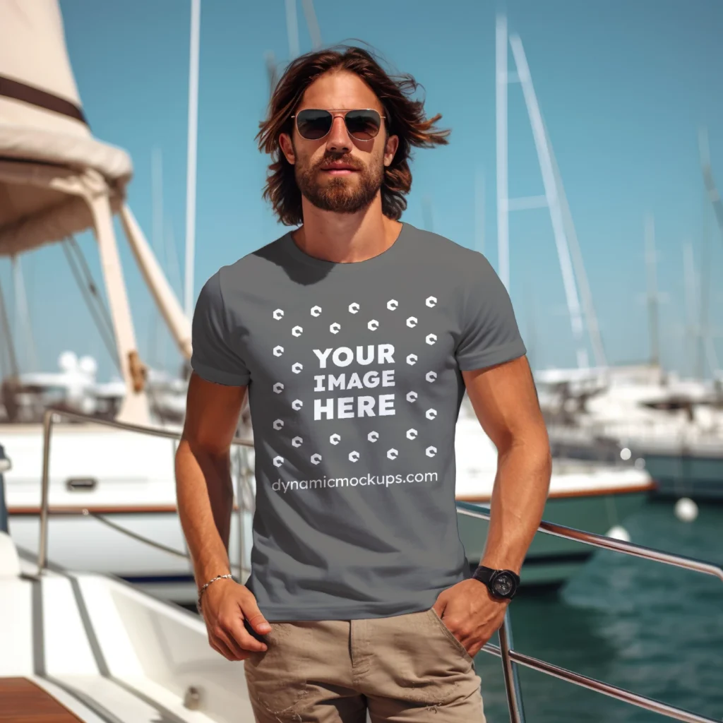 Man Wearing Dark Gray T-shirt Mockup Front View Template