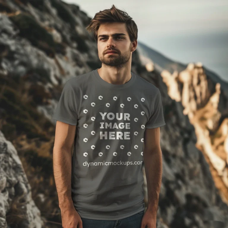 Man Wearing Dark Gray T-shirt Mockup Front View Template