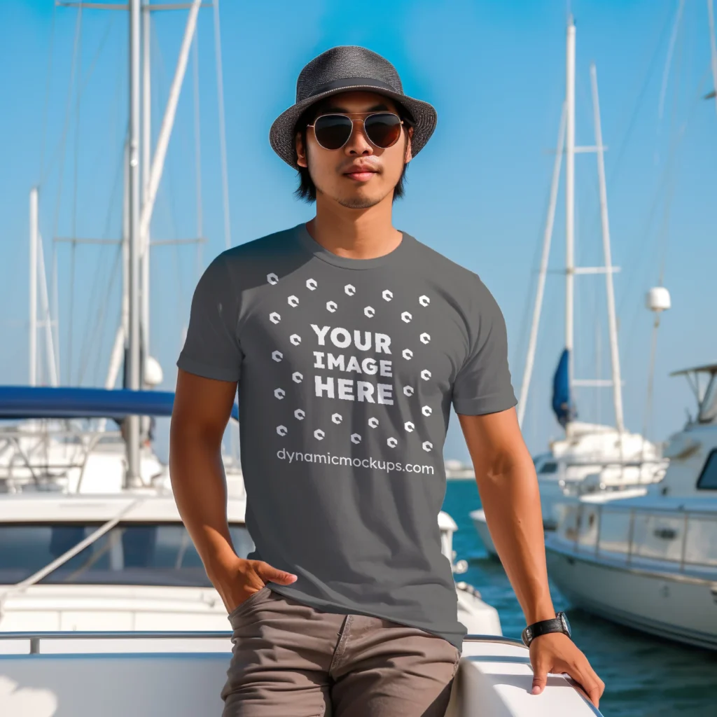 Man Wearing Dark Gray T-shirt Mockup Front View Template