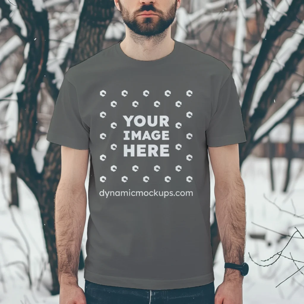 Man Wearing Dark Gray T-shirt Mockup Front View Template