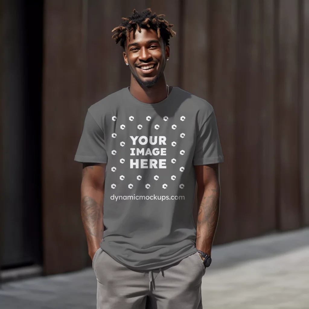 Man Wearing Dark Gray T-shirt Mockup Front View Template