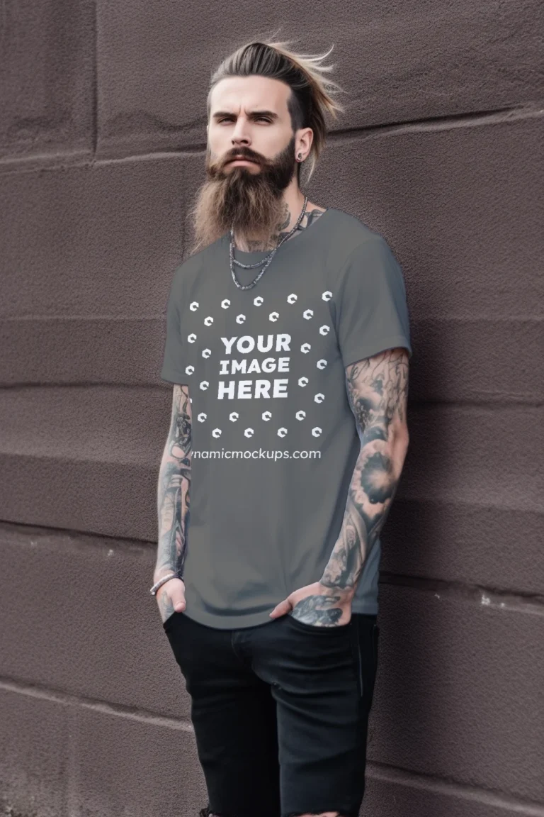 Man Wearing Dark Gray T-shirt Mockup Front View Template