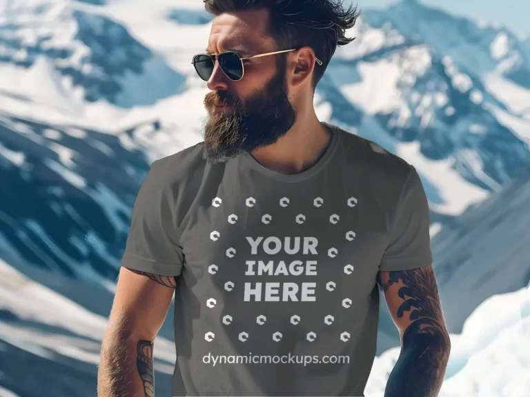 Man Wearing Dark Gray T-shirt Mockup Front View Template