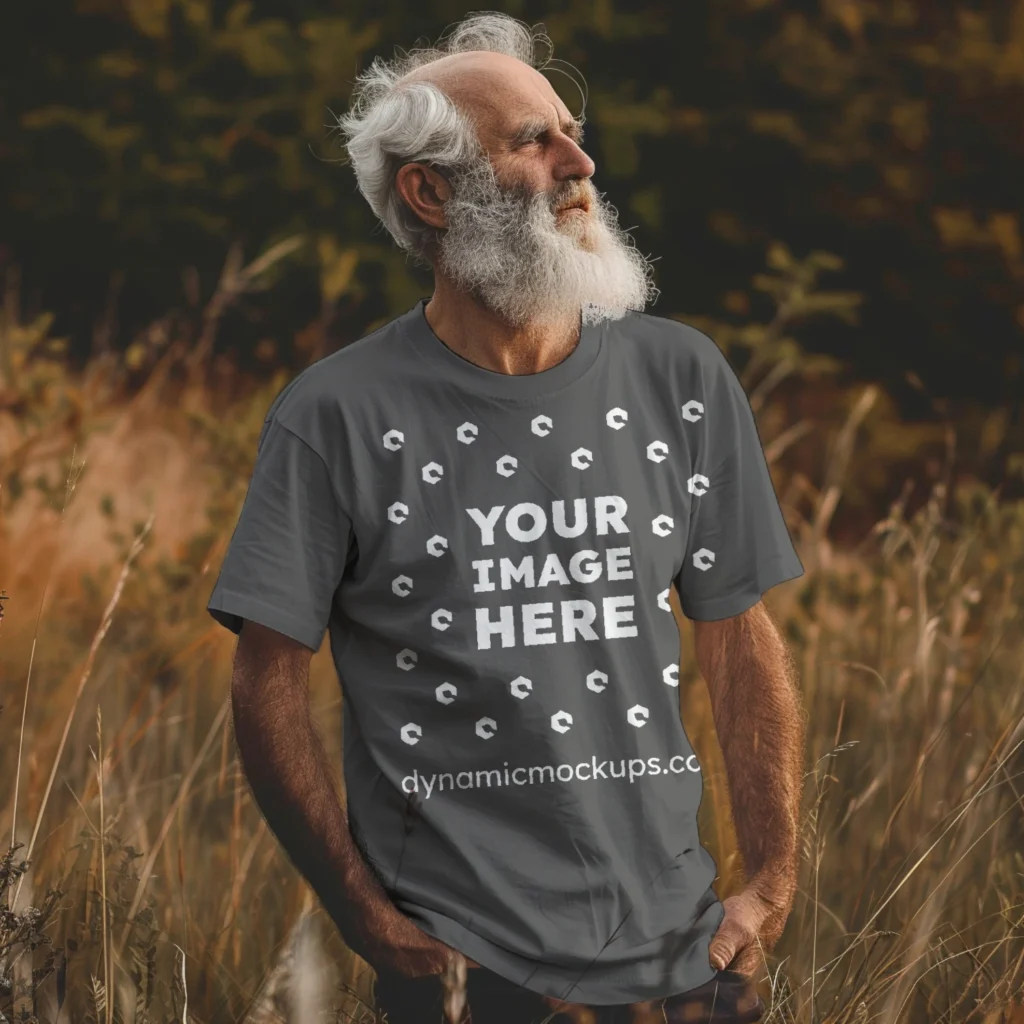 Man Wearing Dark Gray T-shirt Mockup Front View Template