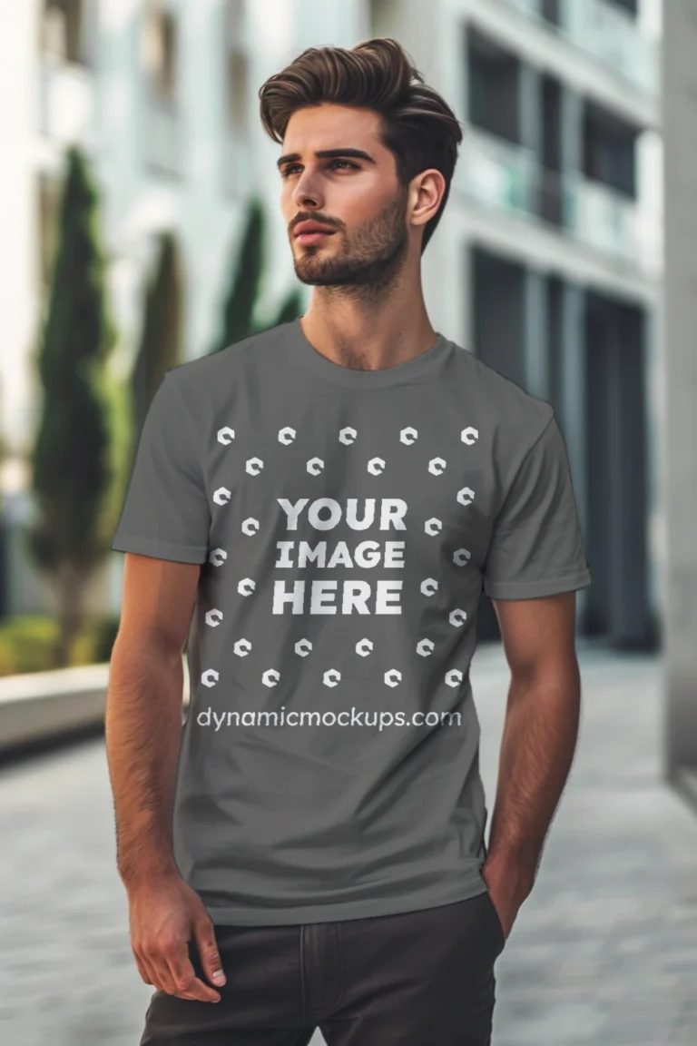 Man Wearing Dark Gray T-shirt Mockup Front View Template