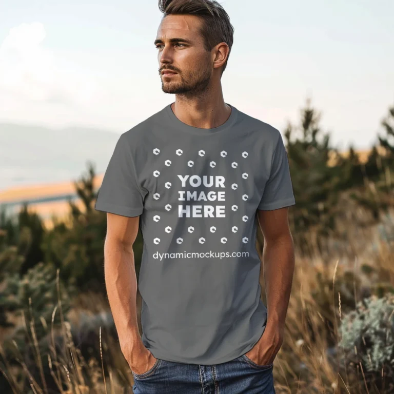 Man Wearing Dark Gray T-shirt Mockup Front View Template