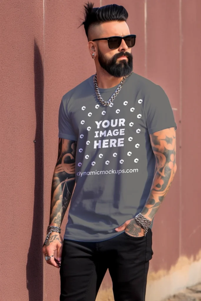 Man Wearing Dark Gray T-shirt Mockup Front View Template