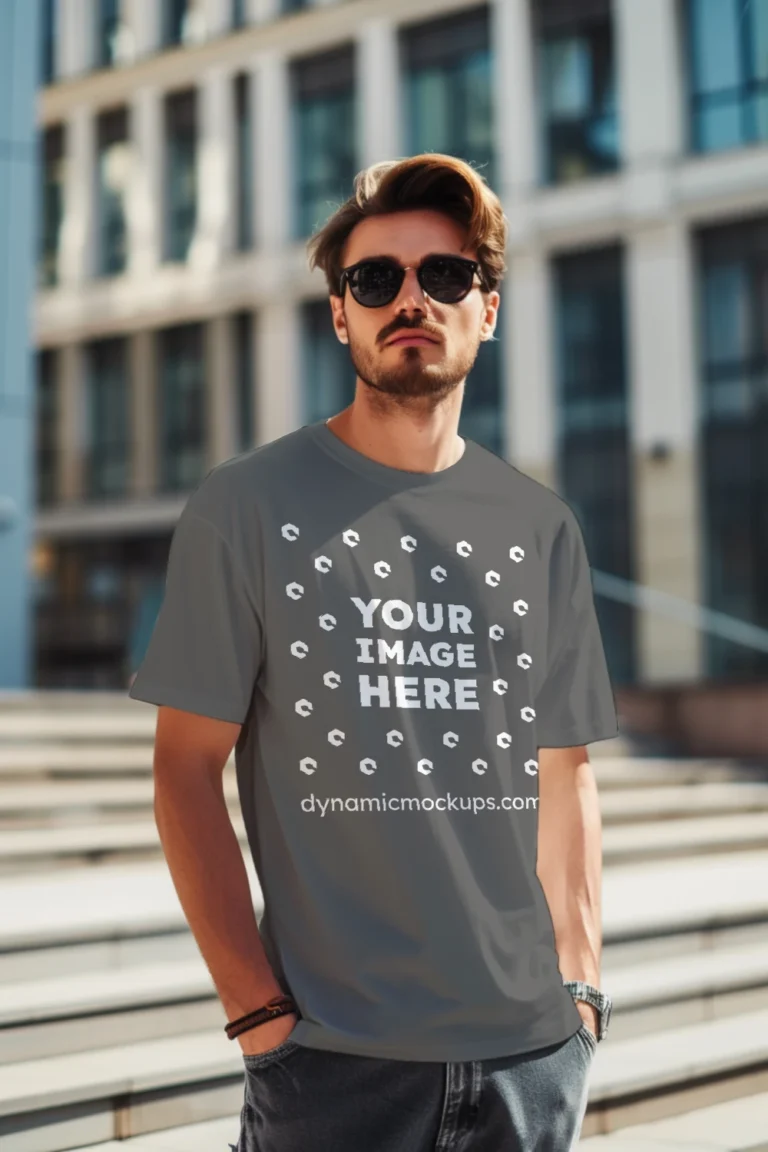 Man Wearing Dark Gray T-shirt Mockup Front View Template