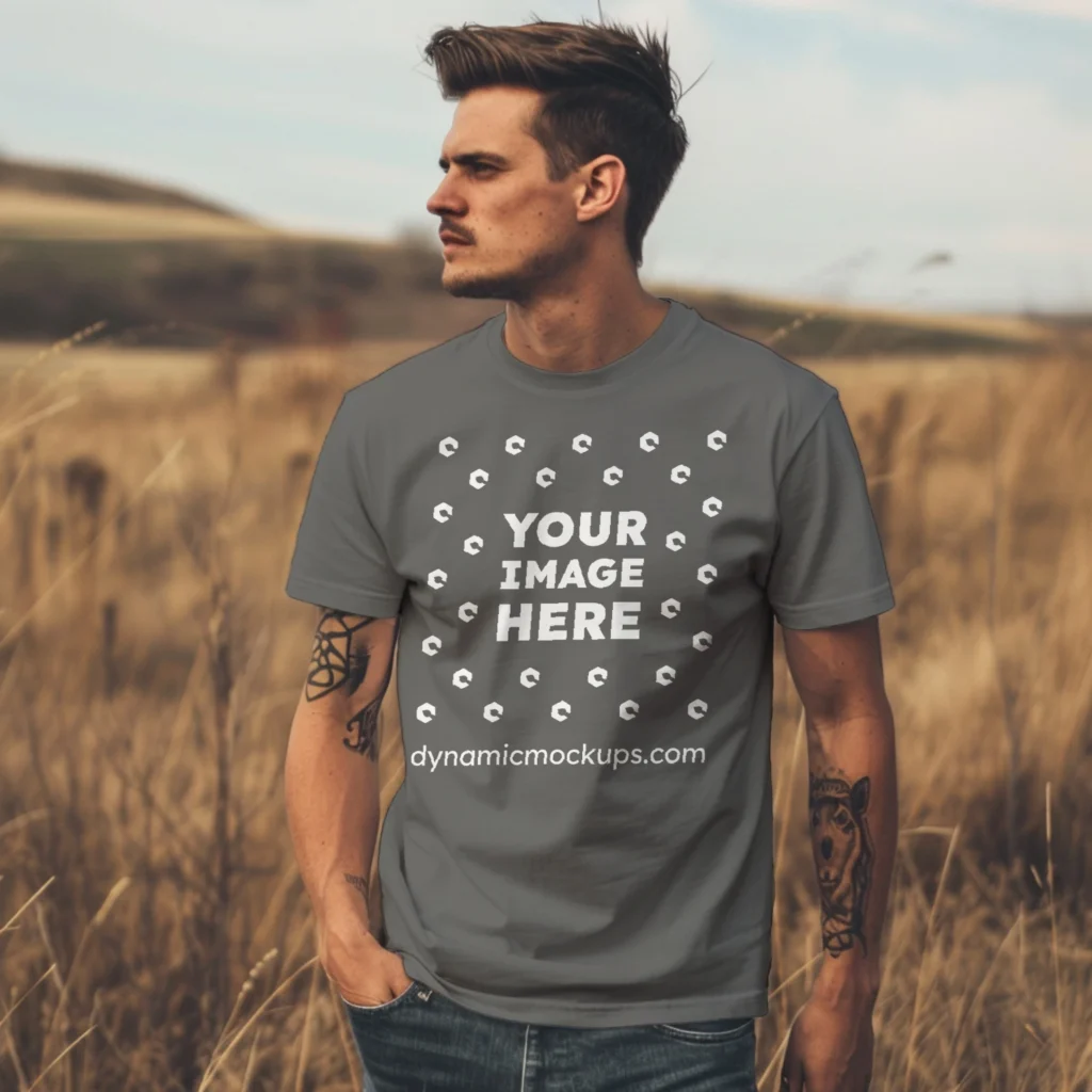 Man Wearing Dark Gray T-shirt Mockup Front View Template