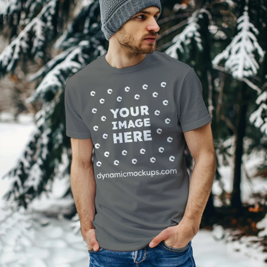 Man Wearing Dark Gray T-shirt Mockup Front View Template