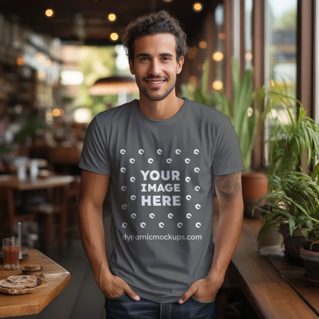 Man Wearing Dark Gray T-shirt Mockup Front View Template