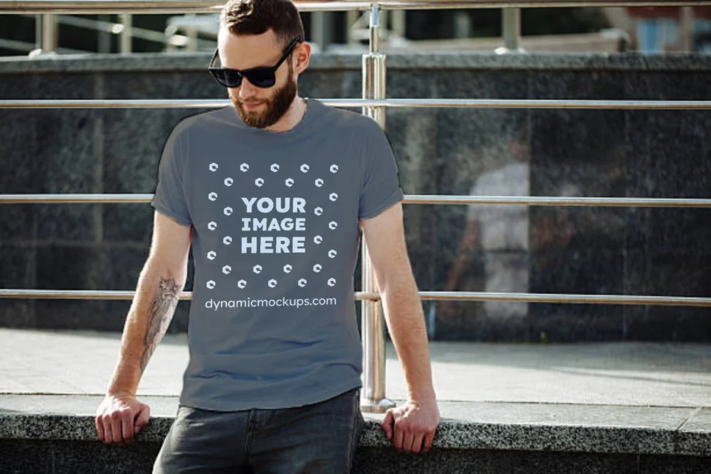 Man Wearing Dark Gray T-shirt Mockup Front View Template