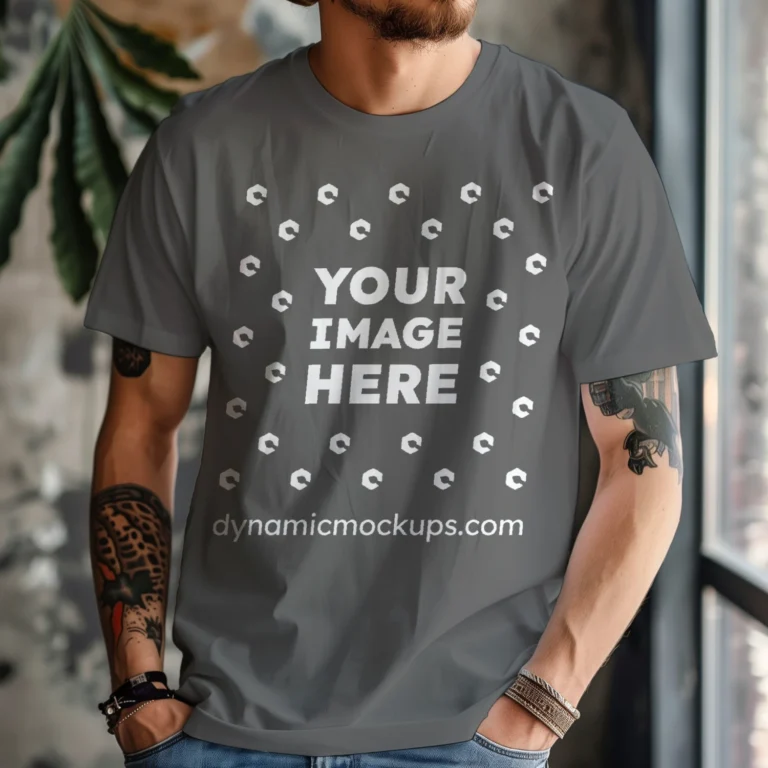 Man Wearing Dark Gray T-shirt Mockup Front View Template