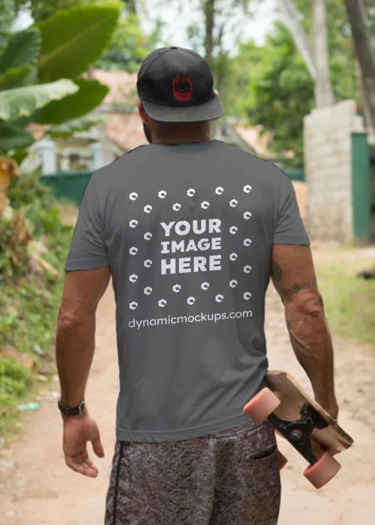 Man Wearing Dark Gray T-shirt Mockup Back View Template