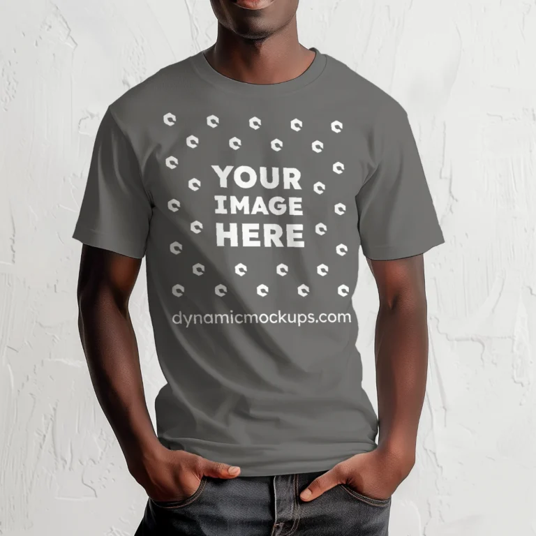 Man Wearing Dark Gray T-shirt Mockup Front View Template