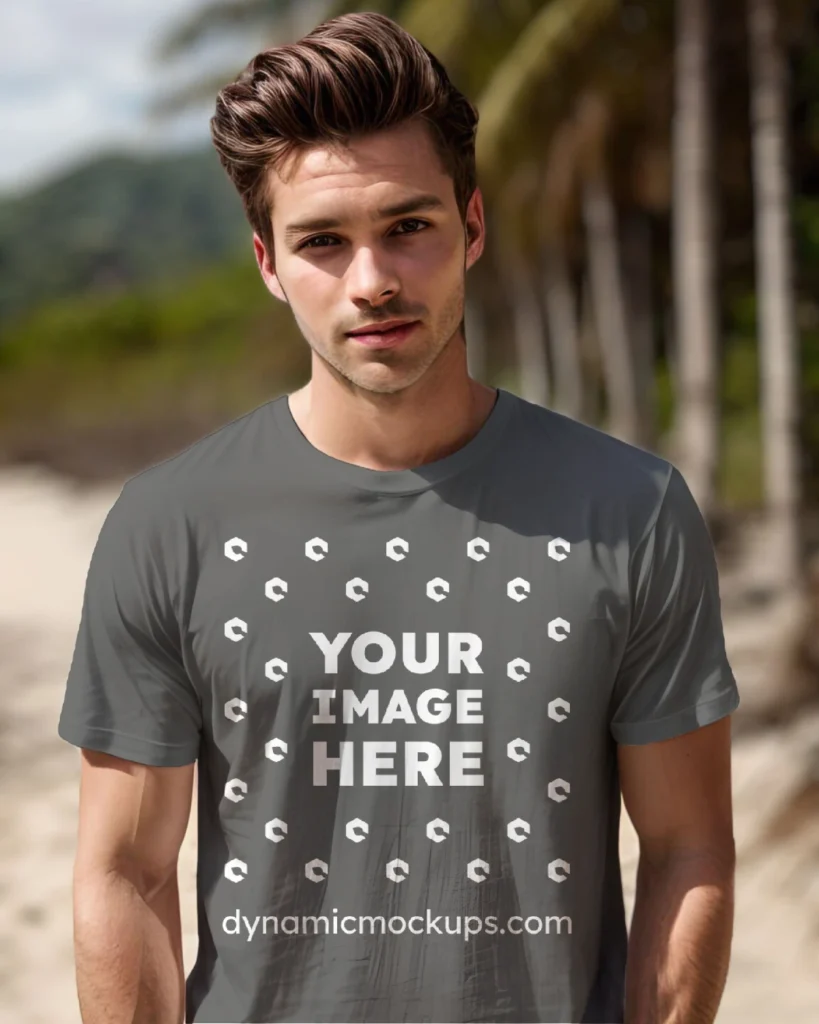 Man Wearing Dark Gray T-shirt Mockup Front View Template