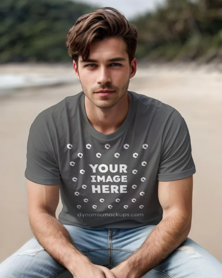 Man Wearing Dark Gray T-shirt Mockup Front View Template