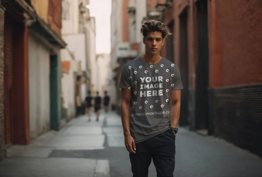 Man Wearing Dark Gray T-shirt Mockup Front View Template