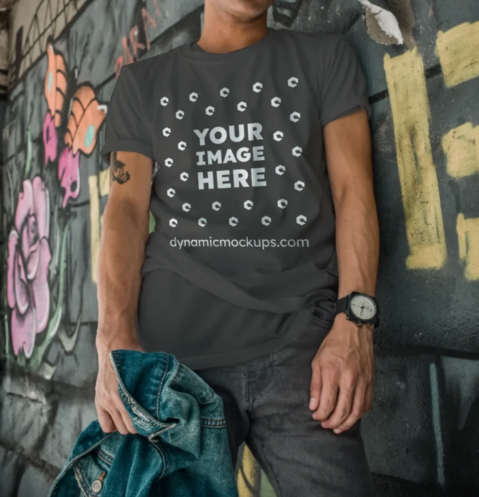 Man Wearing Dark Gray T-shirt Mockup Front View Template