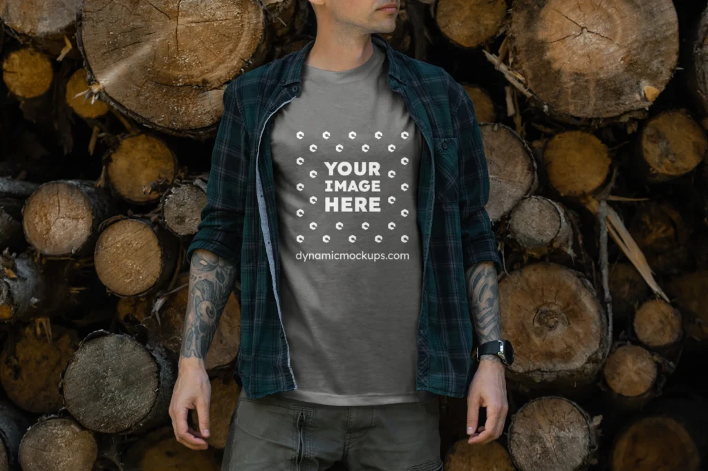 Man Wearing Dark Gray T-shirt Mockup Front View Template