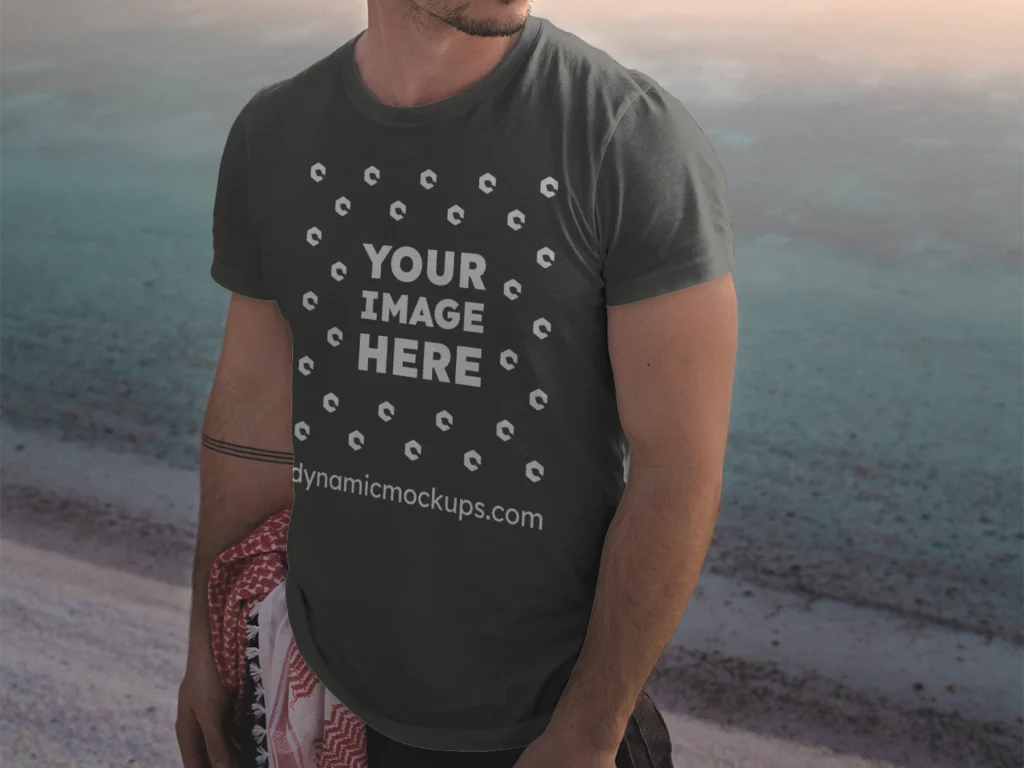 Man Wearing Dark Gray T-shirt Mockup Front View Template