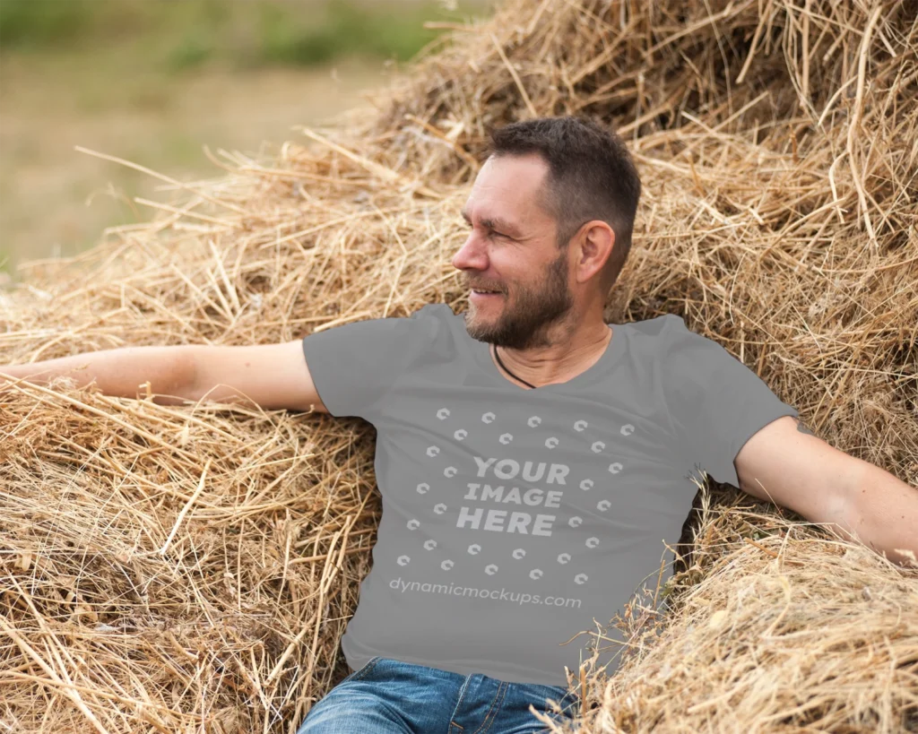 Man Wearing Dark Gray T-shirt Mockup Front View Template