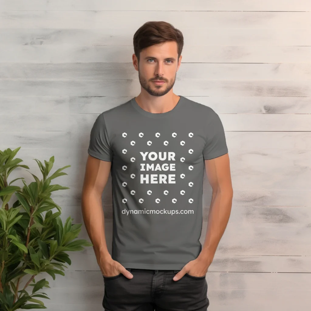 Man Wearing Dark Gray T-shirt Mockup Front View Template