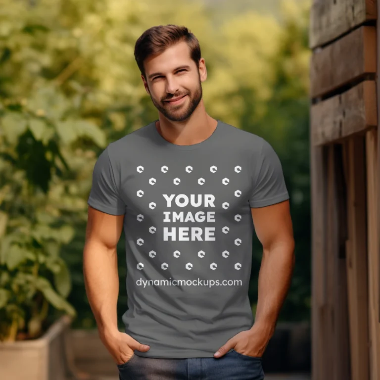 Man Wearing Dark Gray T-shirt Mockup Front View Template